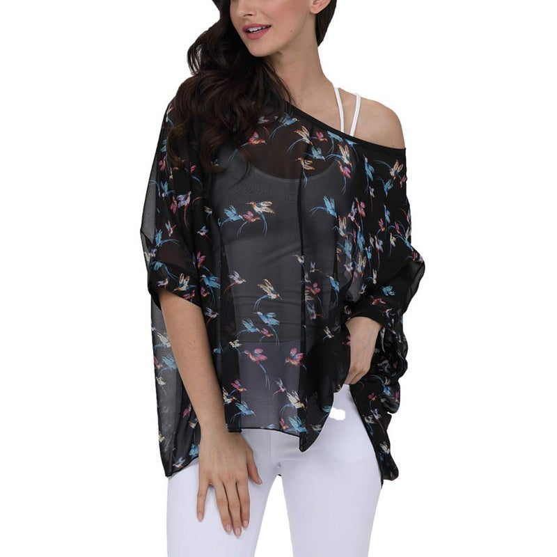 Ckikiou Plus Size Batwing Flowy Semi Sheer Chiffon Blouse Tunic for Women Summer Floral Print Boho Beach Cover ups - Image 5